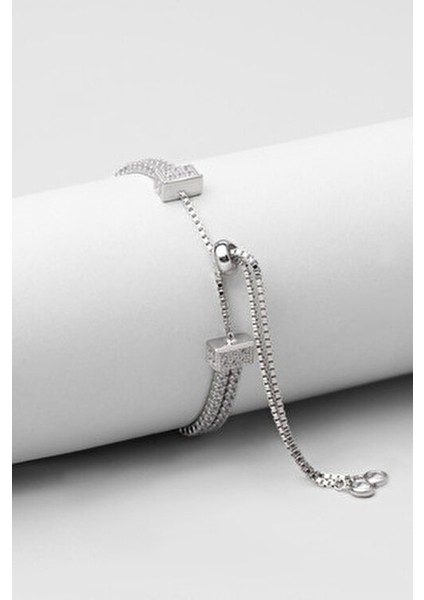 Çift Sıra Su Yolu Beyaz Taşlı 18 Ayar Beyaz Altın Kaplama Gümüş Bileklik