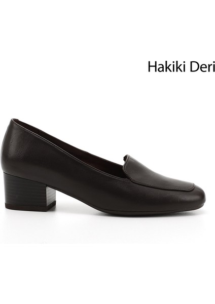 Kadın Kahve Antik Küt Burun Kısa Kalın Topuklu Hakiki Deri Ayakkabı