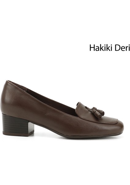 Gön Hakiki Deri Küt Burun Kısa Kalın Topuklu Püsküllü Kadın Ayakkabı 13313