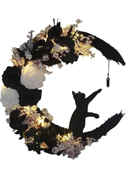 Ön Kapı Çelengi, Cadılar Bayramı Kapı Çelenk, Çiçek Ay Kedisi Cadılar Bayramı Ev Dekoru, Ev Dekorasyon Çelenk (Yurt Dışından)