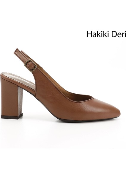 Kadın Taba Antik Yüksek Kalın Topuklu Arkası Açık Hakiki Deri Ayakkabı