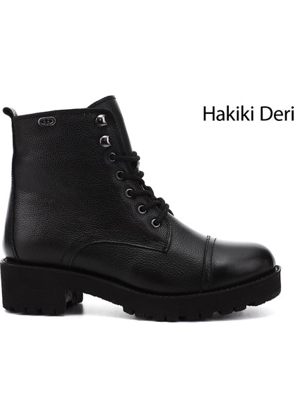 Kadın Siyah Floter Fermuarlı Kauçuk Taban Hakiki Deri Postal Bot