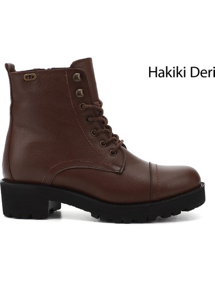 Kadın Kahve Fermuarlı Kauçuk Taban Hakiki Deri Postal Bot