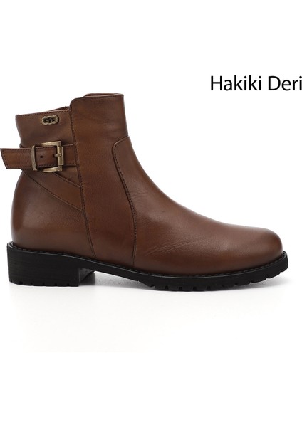 Gön Hakiki Deri Yuvarlak Burun Kauçuk Taban Topuklu Fermuarlı Kadın Günlük Bot 46460