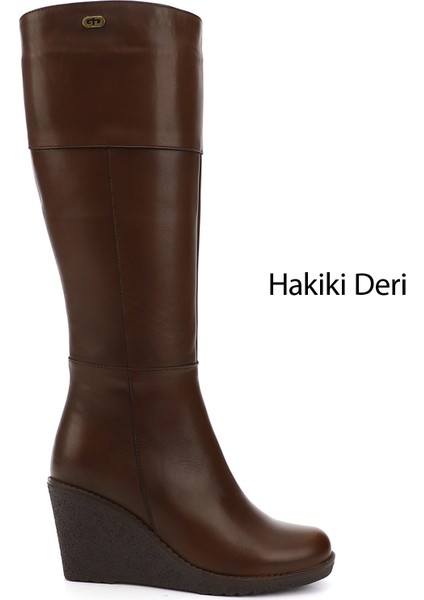 Kadın Kahve Fermuarlı Dolgu Topuklu Hakiki Deri Çizme