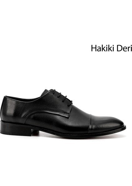 Erkek Siyah Bağcıklı Kösele Taban Hakiki Deri Klasik Ayakkabı