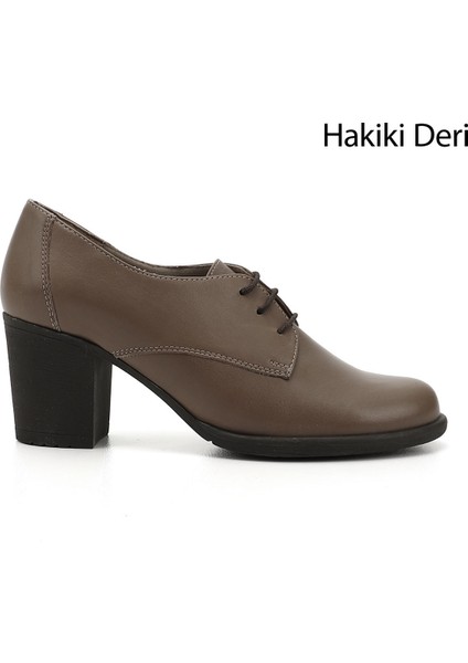 Kadın Vizon Bağcıklı Orta Kalın Topuklu Hakiki Deri Oxford Ayakkabı