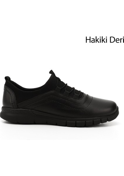 Kadın Siyah Lastik Bağcıklı Hakiki Deri Comfort Sneaker