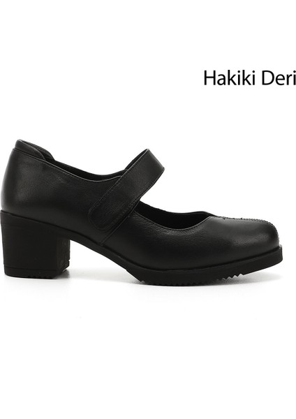 Kadın Siyah Kalın Topuklu Mary Jane Hakiki Deri Ayakkabı
