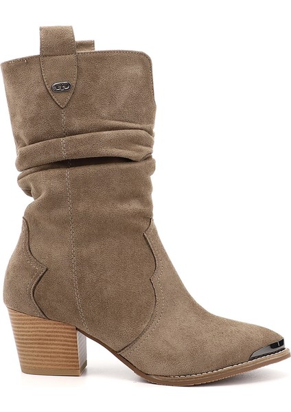 Kadın Vizon Süet Sivri Burun Kalın Topuklu Kovboy Çizme