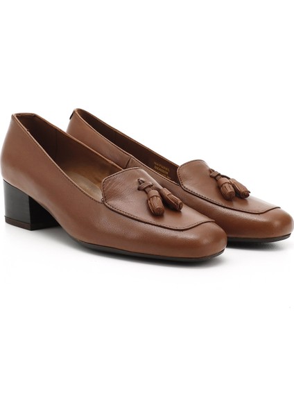 Gön Hakiki Deri Küt Burun Kısa Kalın Topuklu Püsküllü Kadın Ayakkabı 13313 modelleri