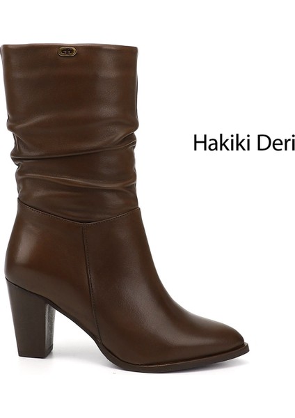 Kadın Kahve Sivri Burun Körüklü Kalın Topuklu Hakiki Deri Çizme