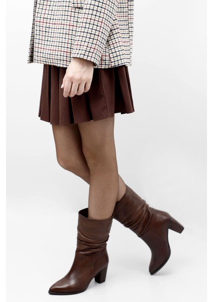 Kadın Kahve Sivri Burun Körüklü Kalın Topuklu Hakiki Deri Çizme fiyatları