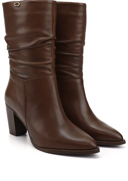 Kadın Kahve Sivri Burun Körüklü Kalın Topuklu Hakiki Deri Çizme modelleri