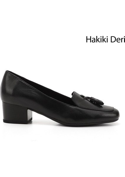 Gön Hakiki Deri Küt Burun Kısa Kalın Topuklu Püsküllü Kadın Ayakkabı 13313