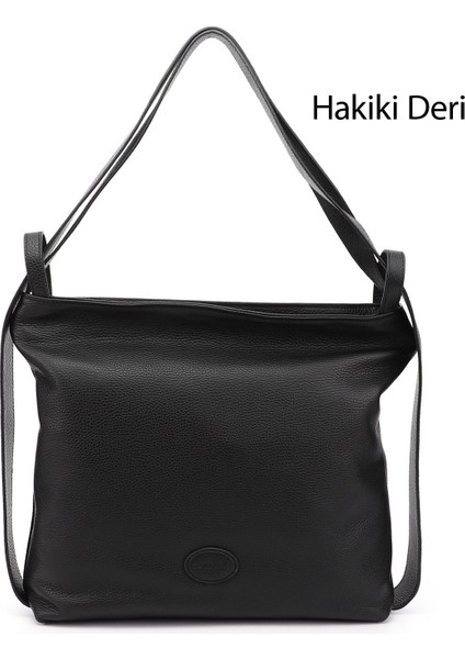 Kadın Siyah Floter Hakiki Deri Omuz Ve Sırt Çantası