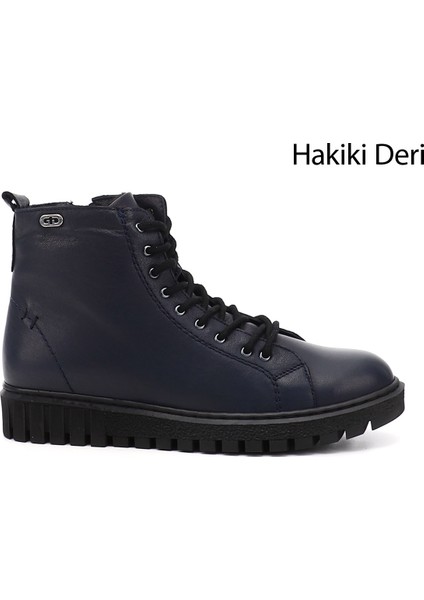 Kadın Lacivert Fermuarlı Kauçuk Taban Hakiki Deri Postal Bot