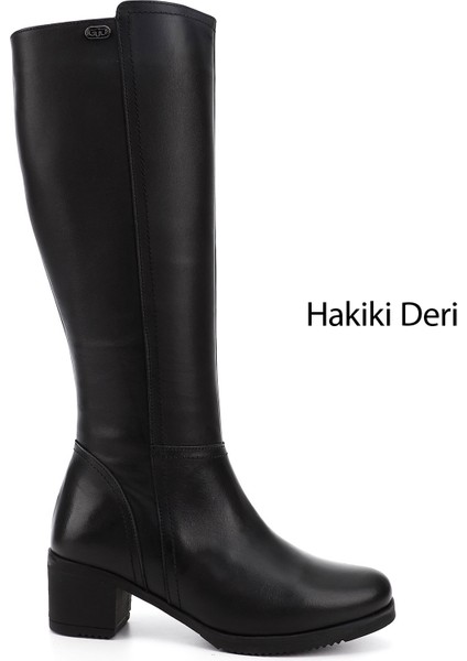Kadın Siyah Fermuarlı Kalın Topuklu Hakiki Deri Çizme