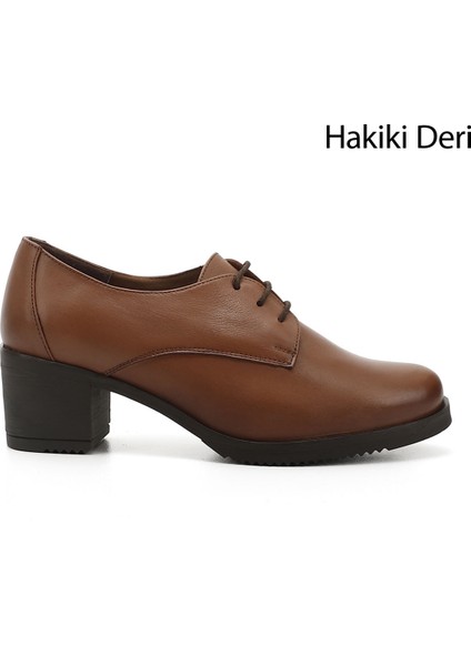 Gön Hakiki Deri Yuvarlak Burun Orta Topuklu Bağcıklı Kadın Ayakkabı 24230