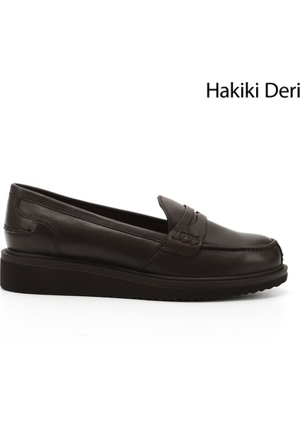 Kadın Kahve Antik Dolgu Taban Hakiki Deri Loafer Ayakkabı