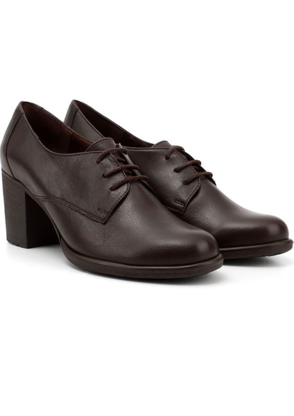 Kadın Kahve Bağcıklı Orta Kalın Topuklu Hakiki Deri Oxford Ayakkabı fiyatları