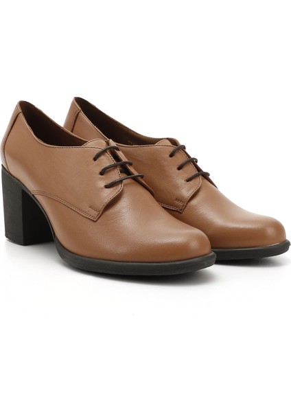 Kadın Açık Taba Bağcıklı Orta Kalın Topuklu Hakiki Deri Oxford Ayakkabı modelleri