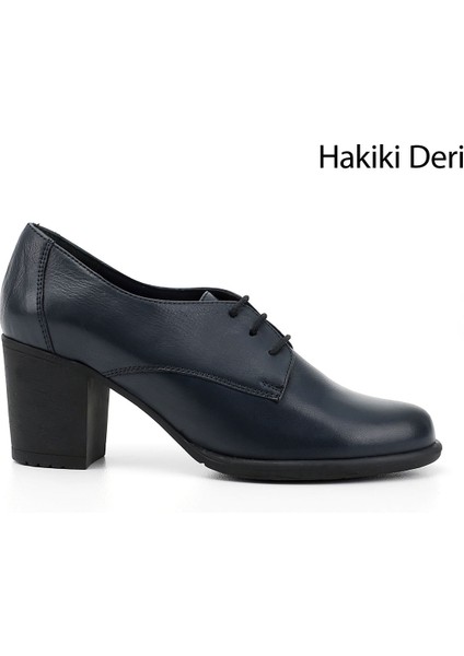 Kadın Lacivert Bağcıklı Orta Kalın Topuklu Hakiki Deri Oxford Ayakkabı