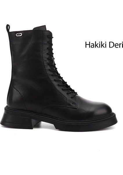 Gön Hakiki Deri Yuvarlak Burun Termo Taban Bağcıklı Fermuarlı Kadın Postal Bot 51455