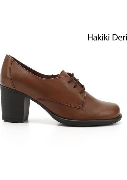 Kadın Taba Bağcıklı Orta Kalın Topuklu Hakiki Deri Oxford Ayakkabı