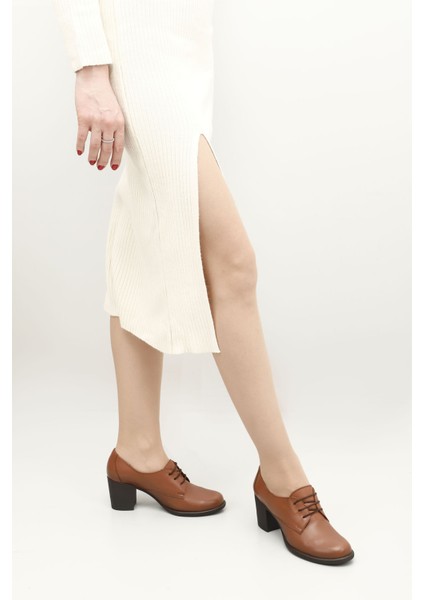 Kadın Taba Bağcıklı Orta Kalın Topuklu Hakiki Deri Oxford Ayakkabı fiyatları