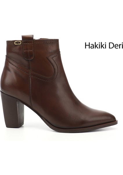 Kadın Kahve Antik Fermuarlı Sivri Burun Hakiki Deri Bot