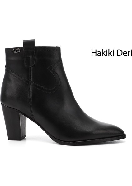 Kadın Siyah Fermuarlı Sivri Burun Hakiki Deri Bot