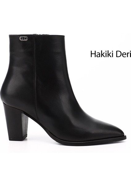 Kadın Siyah Fermuarlı Sivri Burun Hakiki Deri Bot
