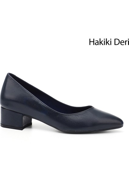 Kadın Antik Lacivert Kısa Kalın Topuklu Hakiki Deri Ayakkabı