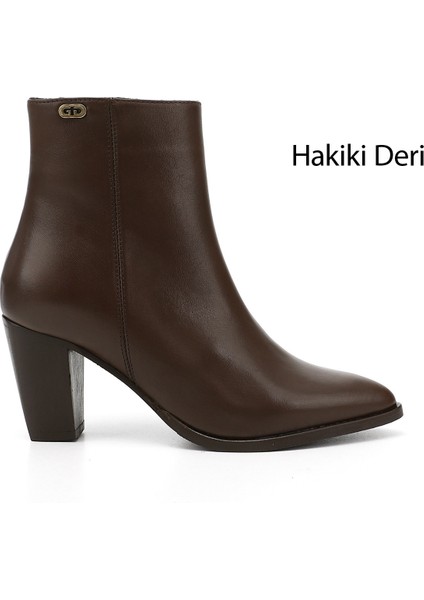 Kadın Kahve Fermuarlı Sivri Burun Hakiki Deri Bot