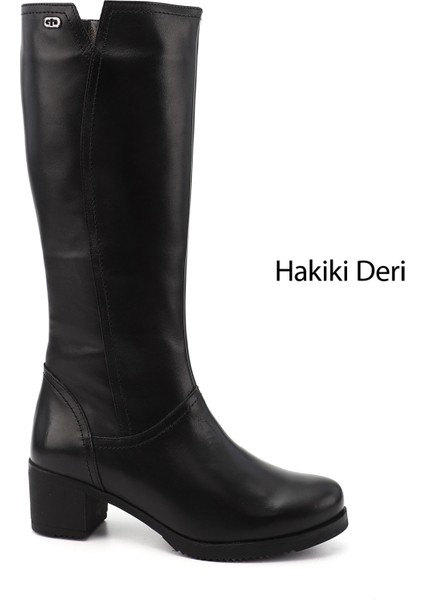 Kadın Siyah Fermuarlı Kalın Topuklu Hakiki Deri Çizme
