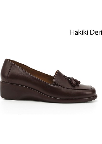 Kadın Kahve Dolgu Taban Püsküllü Hakiki Deri Ayakkabı