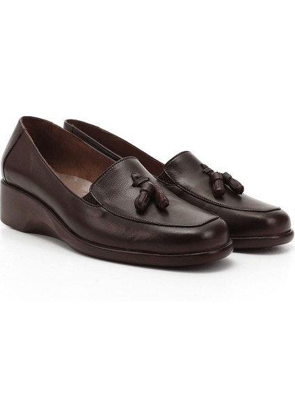 Kadın Kahve Dolgu Taban Püsküllü Hakiki Deri Ayakkabı modelleri