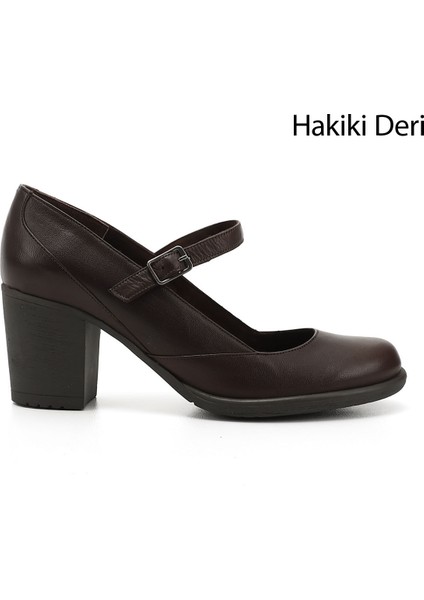 Kadın Kahve Antik Kalın Topuklu Mary Jane Hakiki Deri Ayakkabı