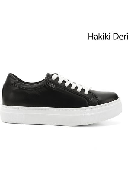 Kadın Siyah Bağcıklı Dolgu Taban Hakiki Deri Sneaker
