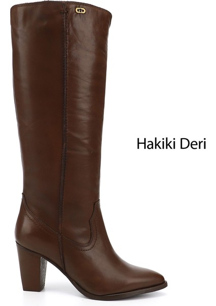 Kadın Kahve Sivri Burun Kalın Topuklu Hakiki Deri Çizme