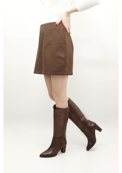 Kadın Kahve Sivri Burun Kalın Topuklu Hakiki Deri Çizme fiyatları