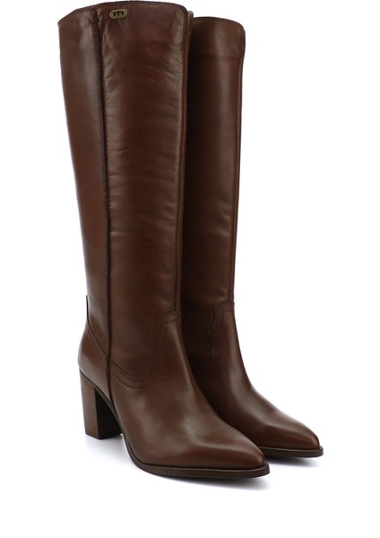 Kadın Kahve Sivri Burun Kalın Topuklu Hakiki Deri Çizme modelleri