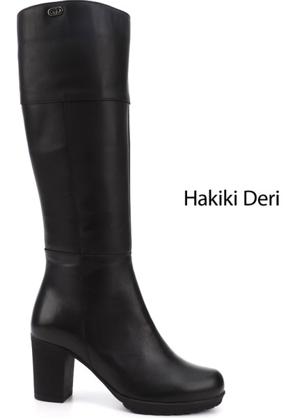 Kadın Siyah Fermuarlı Kalın Topuklu Hakiki Deri Çizme