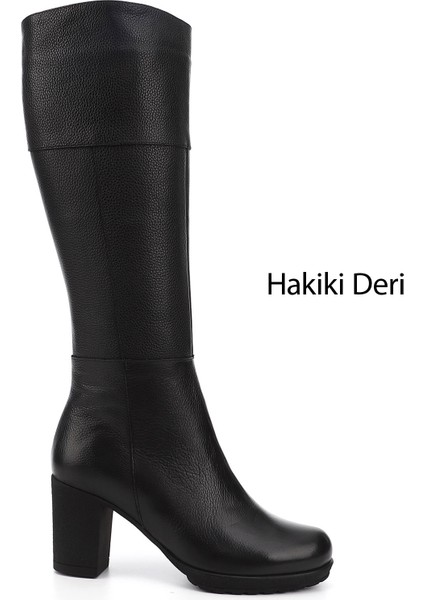 Kadın Siyah Fermuarlı Kalın Topuklu Hakiki Deri Çizme