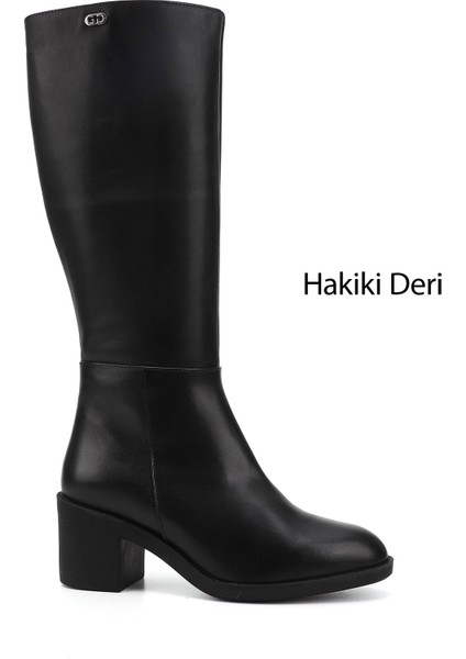Kadın Siyah Fermuarlı Kalın Topuklu Hakiki Deri Çizme