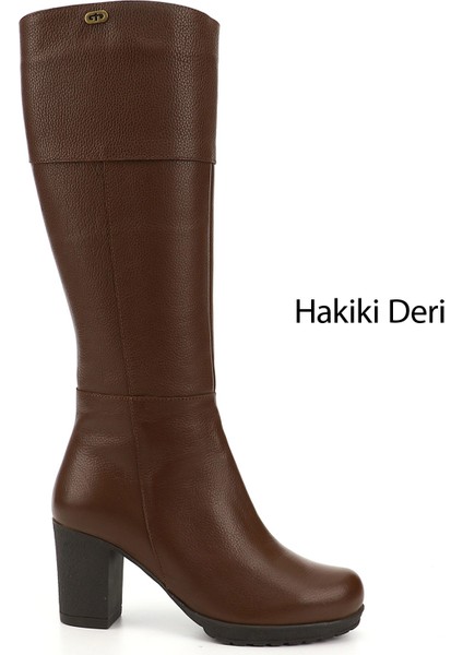 Kadın Kahve Fermuarlı Kalın Topuklu Hakiki Deri Çizme