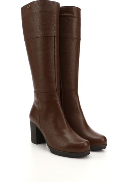 Kadın Kahve Fermuarlı Kalın Topuklu Hakiki Deri Çizme modelleri