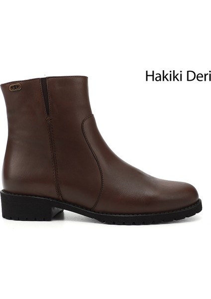 Gön Hakiki Deri Yuvarlak Burun Topuklu Kauçuk Taban Fermuarlı Kadın Günlük Bot 47408