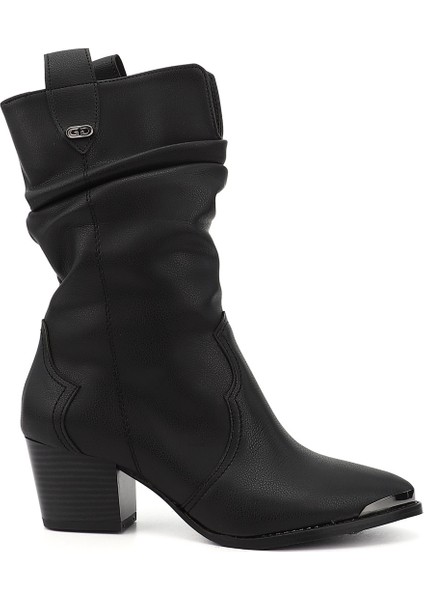 Kadın Siyah Sivri Burun Kalın Topuklu Kovboy Çizme